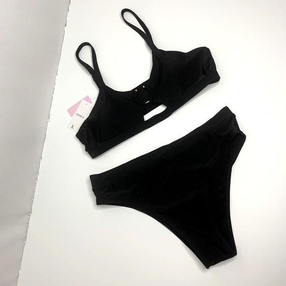 Elsoyo Womens High Waist Bikini Set Size Large Black High Cut Padded - Picture 3 of 13